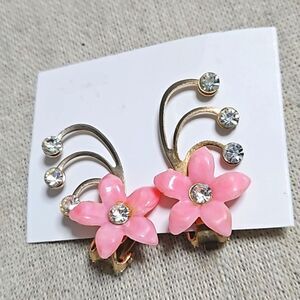 Vintage Pink Enamel Lotus Flower Rhinestone Climber Clip-on Earrings